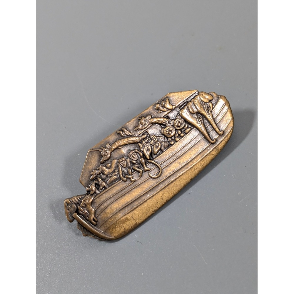 Vintage Noahs Ark Brass Relief Scenic Brooch Pin